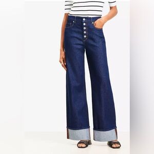 LOFT High Rise Wide Leg Cuffed Jeans in Rinse Wash